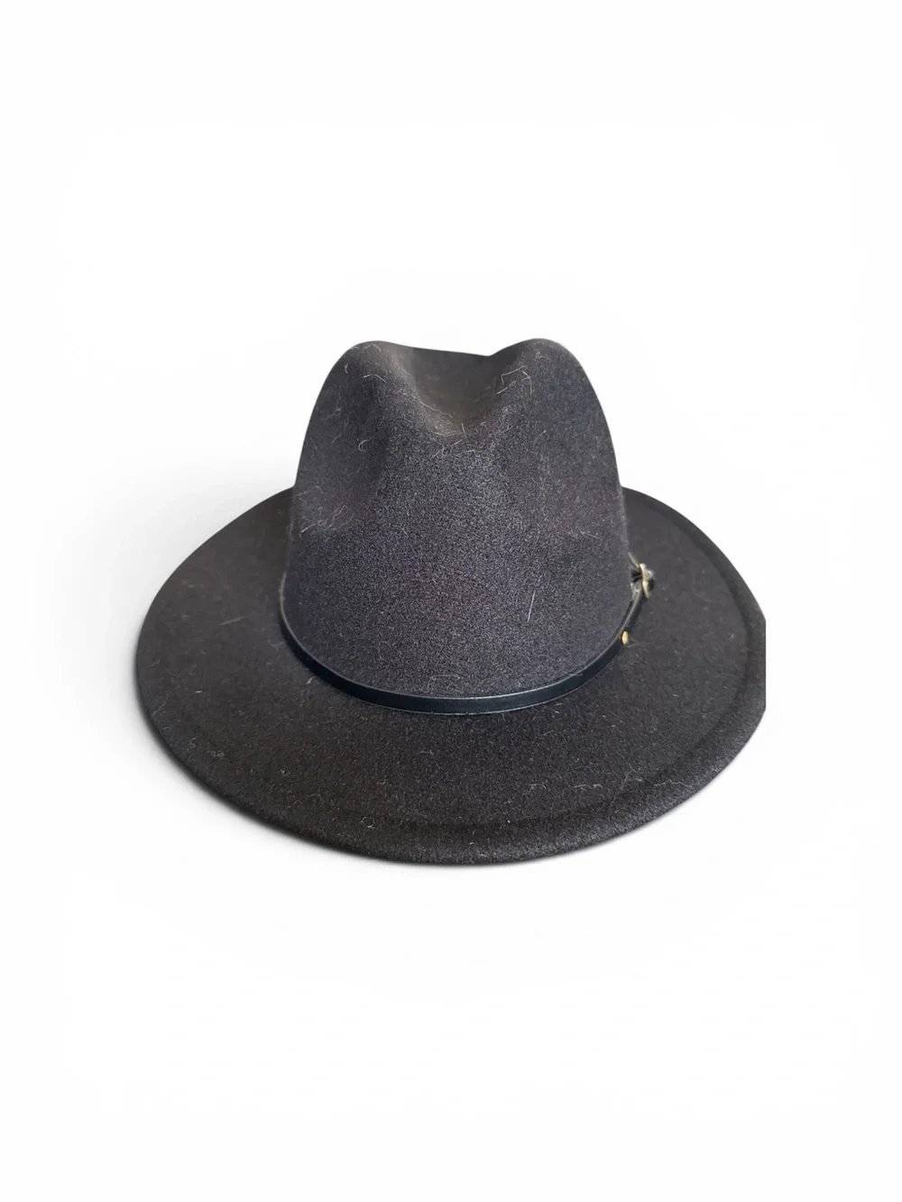Black Wool Blend Wide Brim Fedora Rancher Hat Faux Leather Band